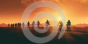 A group of cyclists at sunset