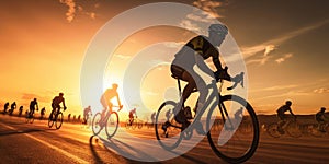 A group of cyclists at sunset