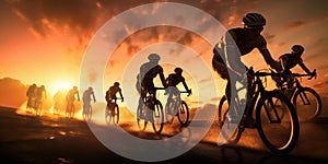 A group of cyclists at sunset