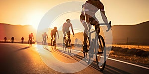 A group of cyclists at sunset