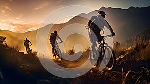 A group of cyclists wearing protective gear were riding their mountain bikes in the same direction on a misty morning. The road