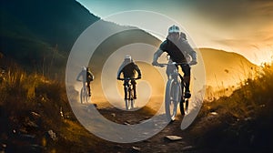 A group of cyclists wearing protective gear were riding their mountain bikes in the same direction on a misty morning. The road