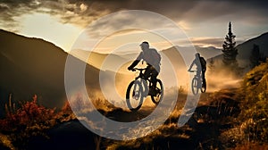 A group of cyclists wearing protective gear were riding their mountain bikes in the same direction on a misty morning. The road