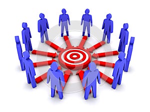 Group of 3D people working towards a common target.