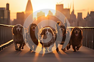 Group of Dachshund dogs in New York City at sunset, A group of dogs enjoys a sunset stroll in the city, featuring dachshunds and a