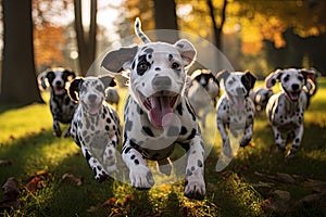 Group of dalmatian dogs running in the autumn park, Cute funny dalmatian dogs group running and playing on green grass in park in