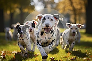 Group of Dalmatian dogs running in autumn park. Selective focus, Cute funny dalmatian dogs group running and playing on green