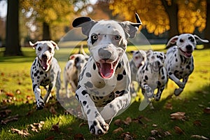 Group of dalmatian dogs running in the park in autumn, Cute funny dalmatian dogs group running and playing on green grass in park