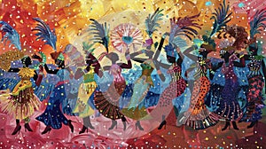 A group of dancers adorned in flashy sequined outfits moving in unison to the upbeat rhythm of a samba band
