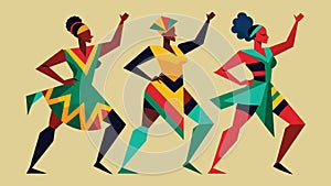 A group of dancers wearing bold geometric print outfits and performing a highenergy West African dance.. Vector photo