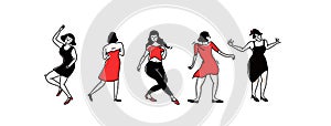 Group of dancing girls and women in party dresses. Lady solo dance at club, female characters having fun. Black and red