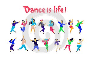 A group of dancing people in different poses and emotions. Vector. Illustrations of men and women. Flat style. A group of happy