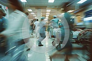 A group of dedicated healthcare professionals rush through a blurry hospital setting, attending to patients and managing