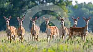 A group of deer standing in a field with trees behind them, AI