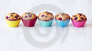 Group of delicious muffins placed on table