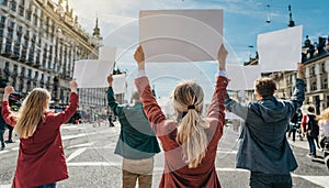 Group of demonstrators on road. Young people fight for climate change - Global warming and enviroment concept