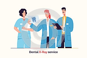 Group of dentists are discussing dental x-ray result. Vector illustration