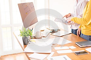 Group of Designer , or Programmer drawing website UX layout app development