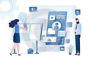 Group of designers, programmers creates mobile app. Coding and software application development. New internet startup or mobile