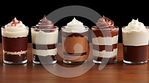 a group of desserts in glasses