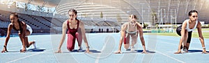 Group of determined female athletes in starting position to begin a sprint or running race on a sports track in a