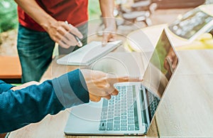 Group developer programming hand pointing display coding technology, Website design Safety of the social world Cyberspace concept
