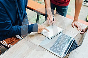Group developer programming hand pointing display coding technology, Website design Safety of the social world Cyberspace concept