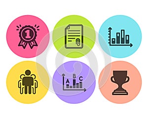 Group, Diagram graph and Survey results icons set. Attachment, Reward and Award cup signs. Vector