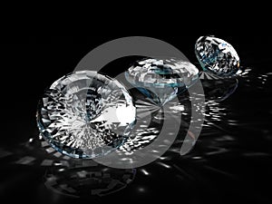 Group of diamonds on black background. Beautiful sparkling shining round shape emerald image with reflective surface. 3D