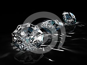 Group of diamonds on black background. Beautiful sparkling shining round shape emerald image with reflective surface. 3D