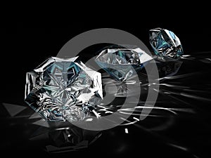 Group of diamonds on black background. Beautiful sparkling shining round shape emerald image with reflective surface. 3D