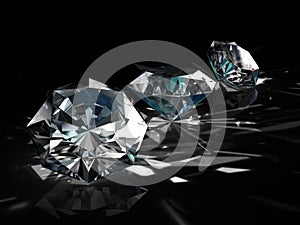 Group of diamonds on black background. Beautiful sparkling shining round shape emerald image with reflective surface. 3D