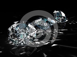 Group of diamonds on black background. Beautiful sparkling shining round shape emerald image with reflective surface. 3D