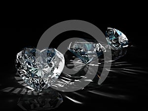 Group of diamonds on black background. Beautiful sparkling shining round shape emerald image with reflective surface. 3D