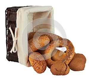 Group of different bread products in basket