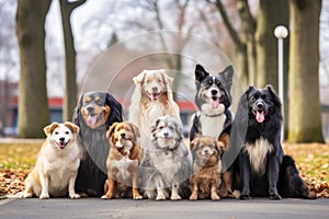 group of different breed dogs sitting together in a park