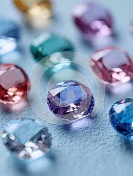 A group of different colored gems on a blue surface