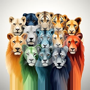 a group of different colored lions in front of a white background