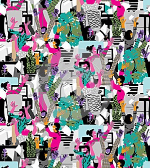 Group different happy people rejoices office bright seamless pattern