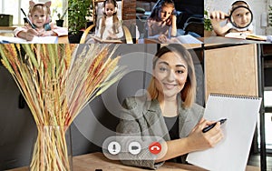 Group of different kids studying online by group video call, use video conference with each other and teacher. PC screen