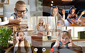 Group of different kids studying online by group video call, use video conference with each other and tutor. PC screen