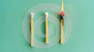 Group of different matches, some burning, pastel blue background, leadership, idea generation, teamwork. Generative AI