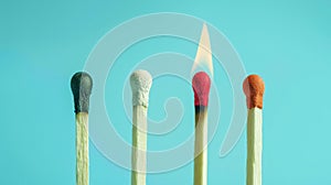 Group of different matches, some burning, pastel blue background, leadership, idea generation, teamwork. Generative AI
