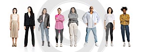 Group of different, multi ethnic people, men and women standing isolated over white background, Horizontal flyer, banner