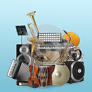 Group of different musical instruments on light blue background