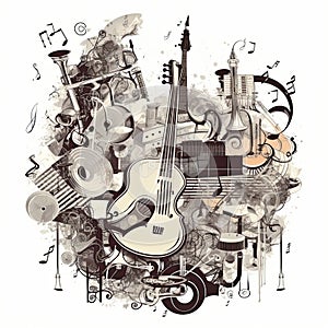 Group of different musical instruments on white background