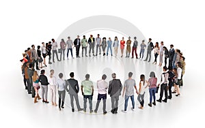 A group of different people stand in a circle isolated on a white background. A social event or public meeting with an empty stage