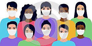 Group different people wearing medical face masks to prevent coronavirus, disease, flu, air pollution. Crowd man and woman wear