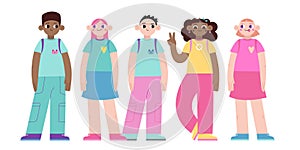 Group of different pre teen or teenage kids, cartoon style. Classmates, school children standing together. Trendy modern