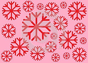 A group of different sized red simple snowflake outline graphics pattern light pink rose violet backdrop